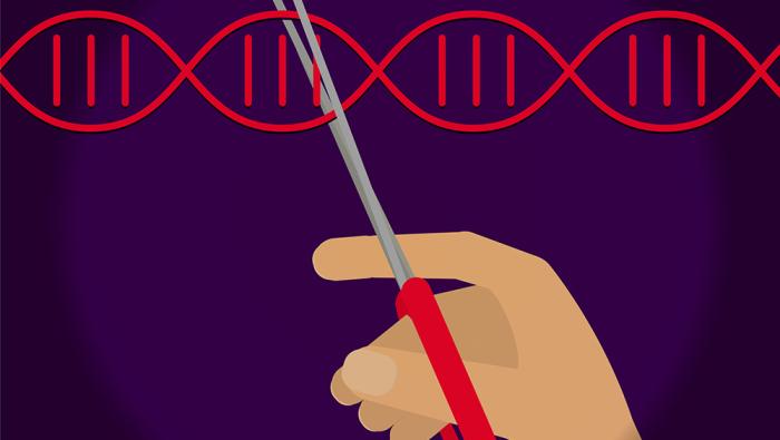 hand with cissors cutting DNA helix